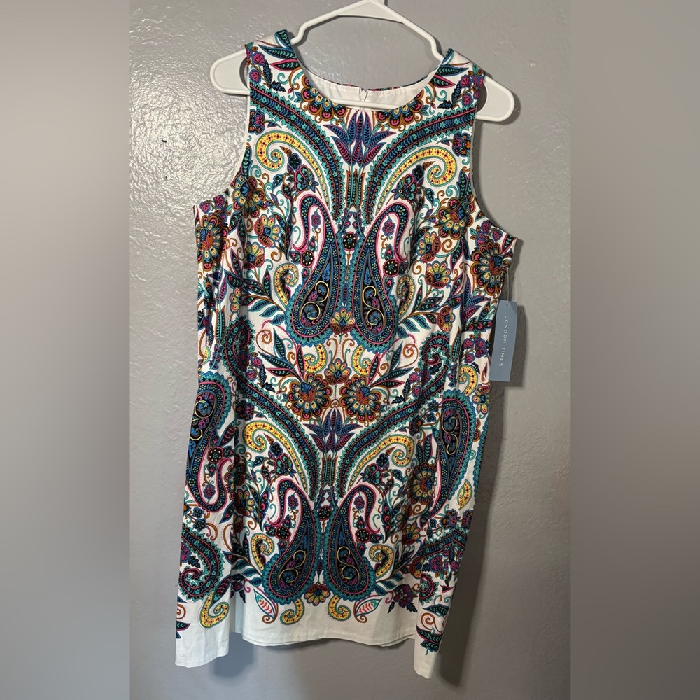 London Times Women's Sleeveless Paisley Print‎ Shift Cotton Sateen Dress. SZ 14.